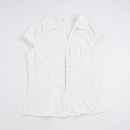 Damen Elegantes kurzärmliges Blusenshirt mit schickem Stehkragen und Reißverschluss EB