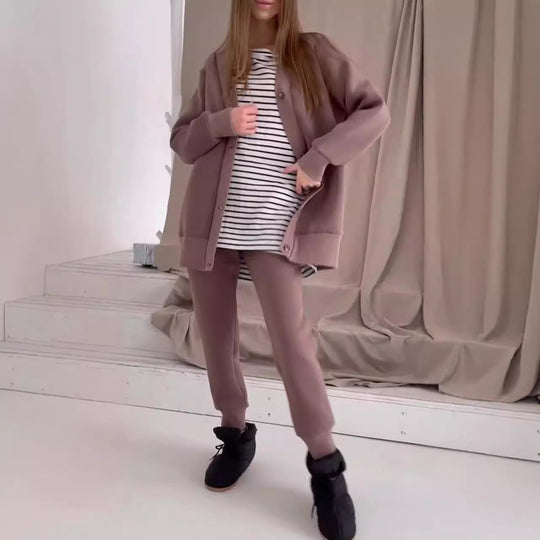 Damen lässige Oversized Sweatjacke mit Knöpfen EB