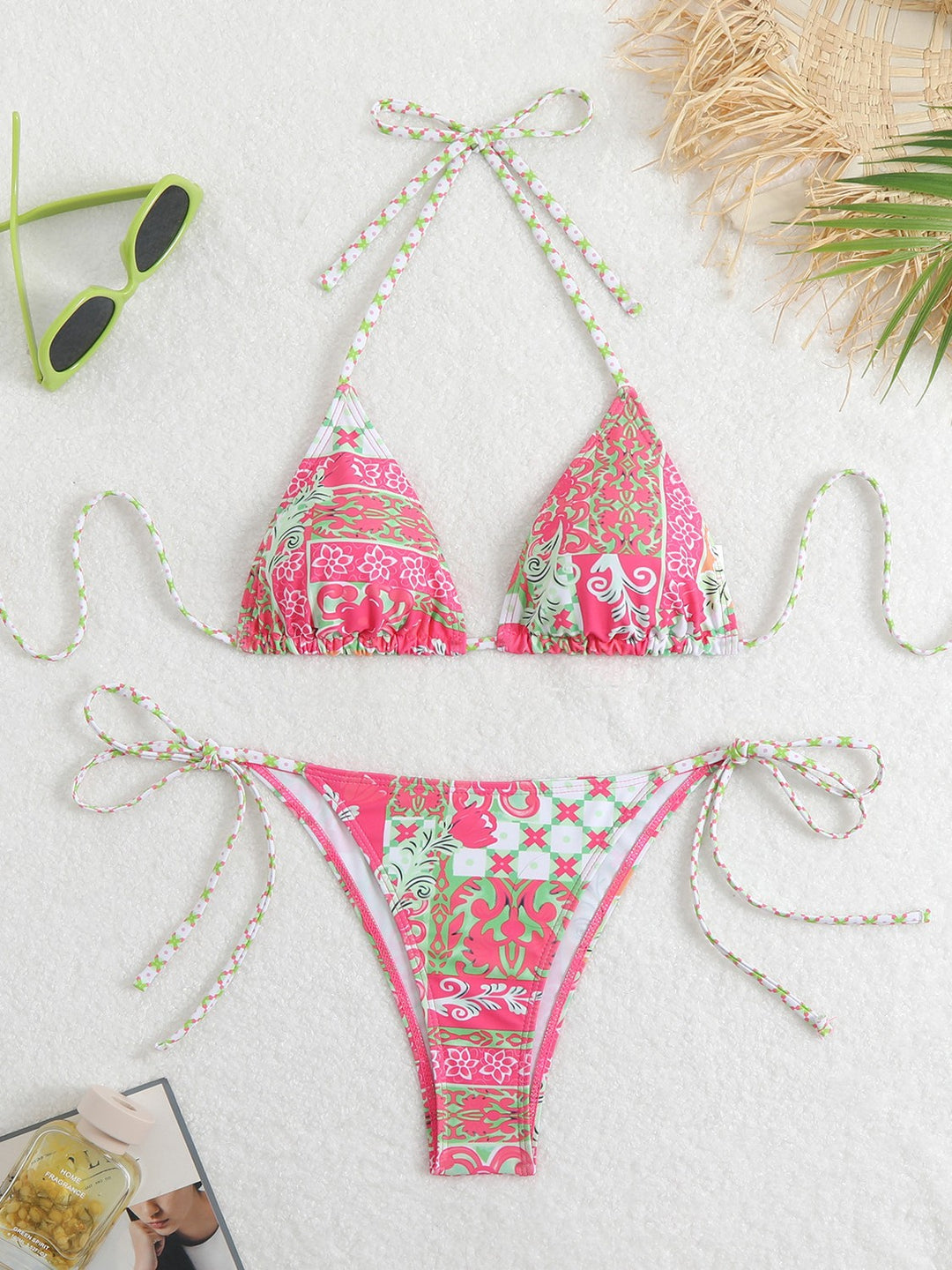 Damen Triangel-Bikini-Set mit verspieltem Blumenmuster und feinen Bindebändern EB