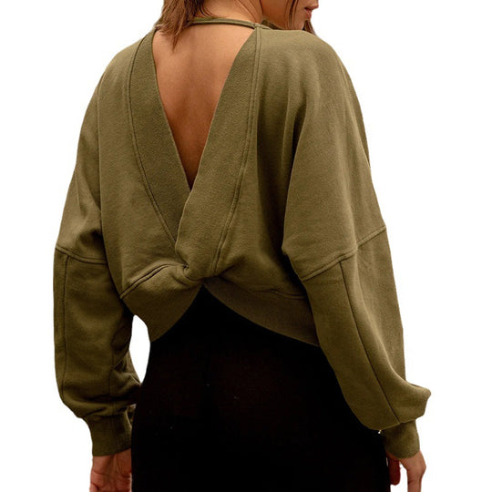 Damen lässiger Pullover mit tiefem Rückenausschnitt und Knoten-Detail EB