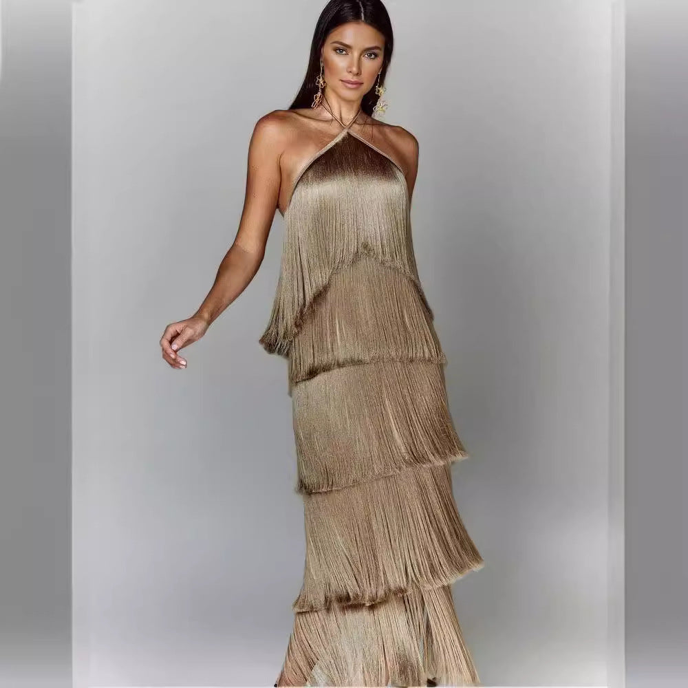 Damen Glamouröses Maxikleid mit Fransen und schulterfreiem Design EB