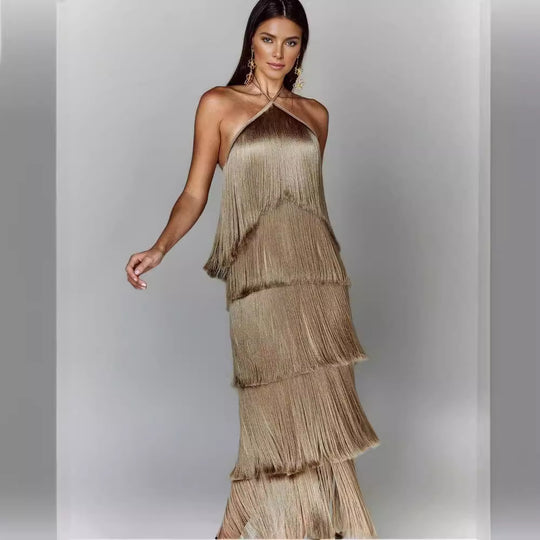 Damen Glamouröses Maxikleid mit Fransen und schulterfreiem Design EB