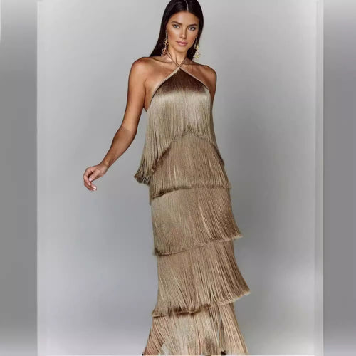 Damen Elegantes Fransen-Maxikleid mit schimmerndem Detail und raffinierter Passform EB
