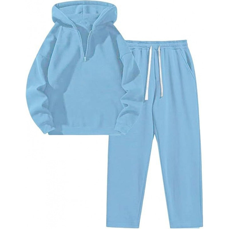 Damen nan Relax-Set mit kurzem Halbzip, übergroßer Kapuze und taillenhoher tapered Jogginghose EB