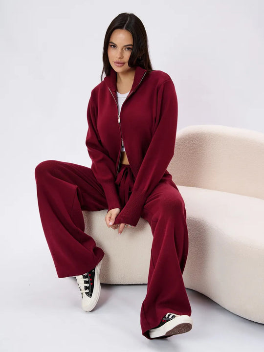 Damen nan gestricktes Loungewear-Zweiteiler mit kurzem Reißverschluss-Cardigan und weitem Highwaist-Hosenbein EB