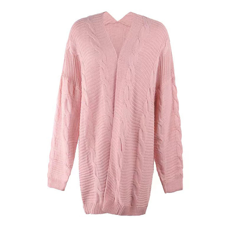 Damen nan langer oversize Strickcardigan mit Zopfmuster und V-Ausschnitt EB