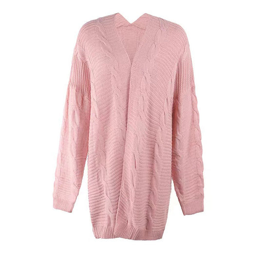 Damen nan langer oversize Strickcardigan mit Zopfmuster und V-Ausschnitt EB