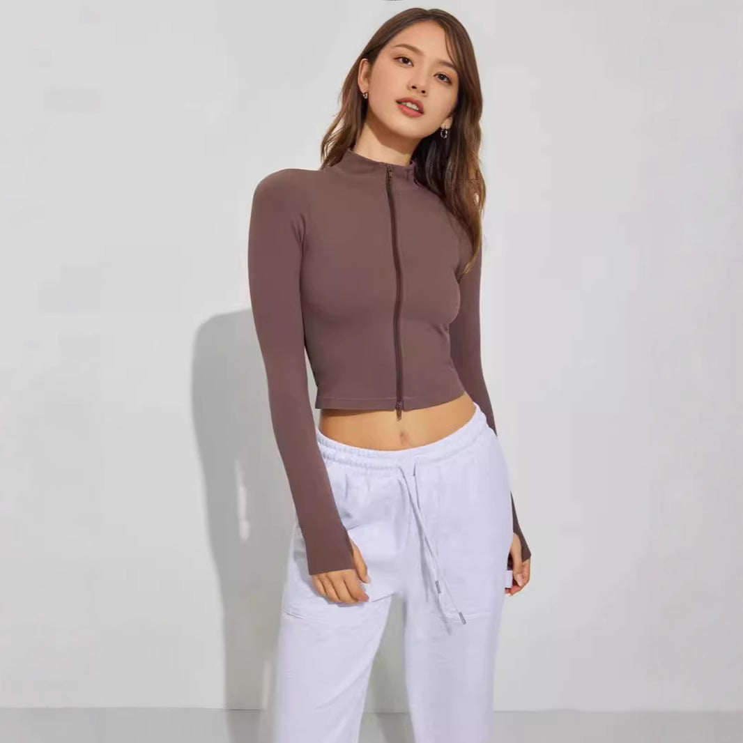 Damen Cropped Zip-Langarmshirt mit hohem Kragen EB