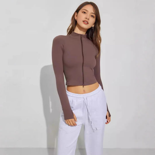 Damen Cropped Zip-Langarmshirt mit hohem Kragen EB