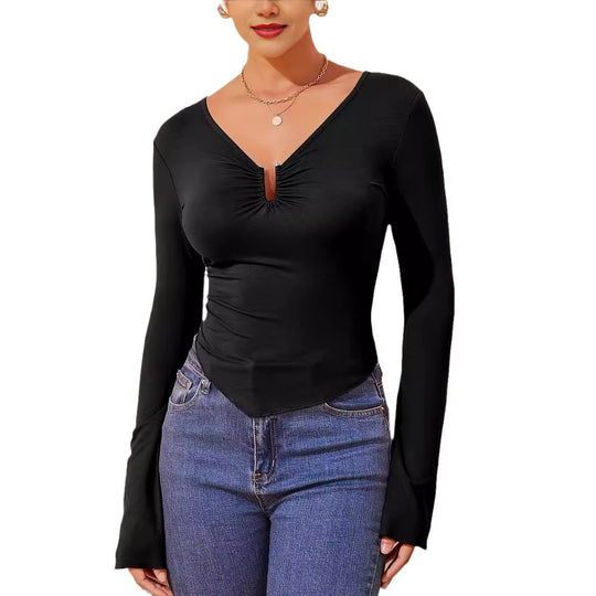 Damen nan tailliertes Langarmshirt mit gerafftem Schlitz-Ausschnitt und spitzem Zipfelsaum EB