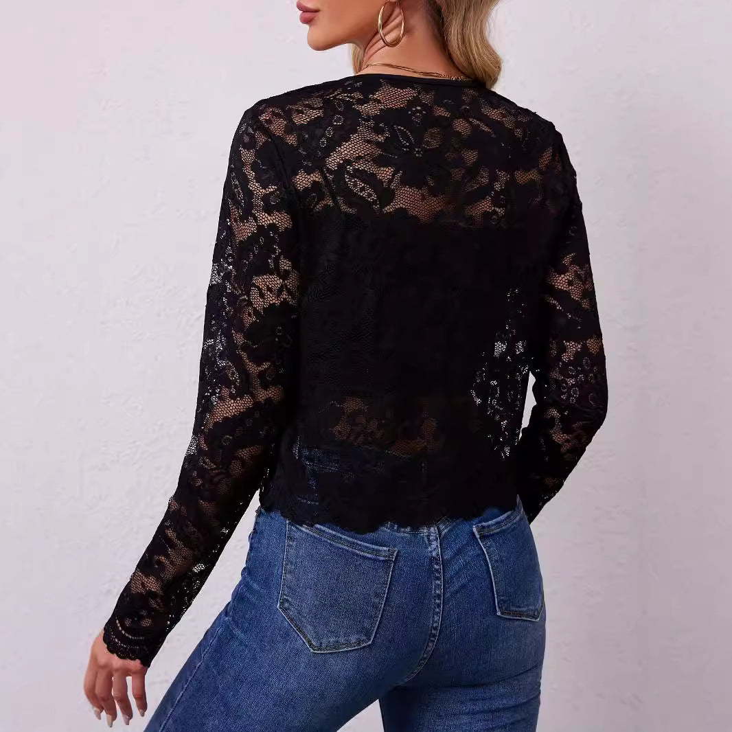 Damen nan kurz geschnittene transparente Spitzenbolerojacke mit floraler Spitze und Hakenverschluss EB