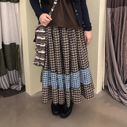 Damen nan mehrlagiger Baumwoll-Stufenrock mit elastischem Taillenbund, kontrastierendem Gingham-Band und Volant EB