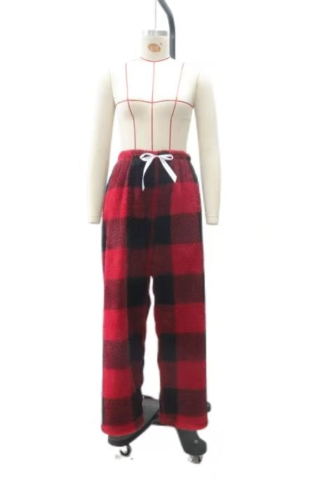 Damen nan kuschelige karierte Fleece-Hose mit Tunnelzugbund und weitem Bein EB