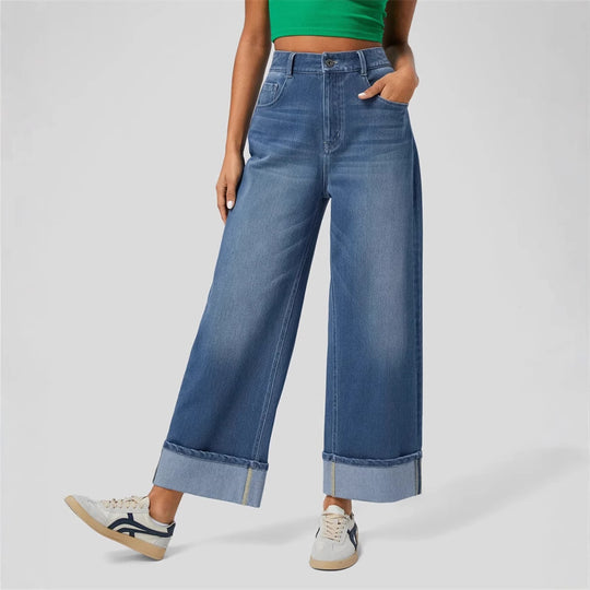 Damen Weit geschnittene Jeans mit hohem Bund und umgeschlagenem Saum EB
