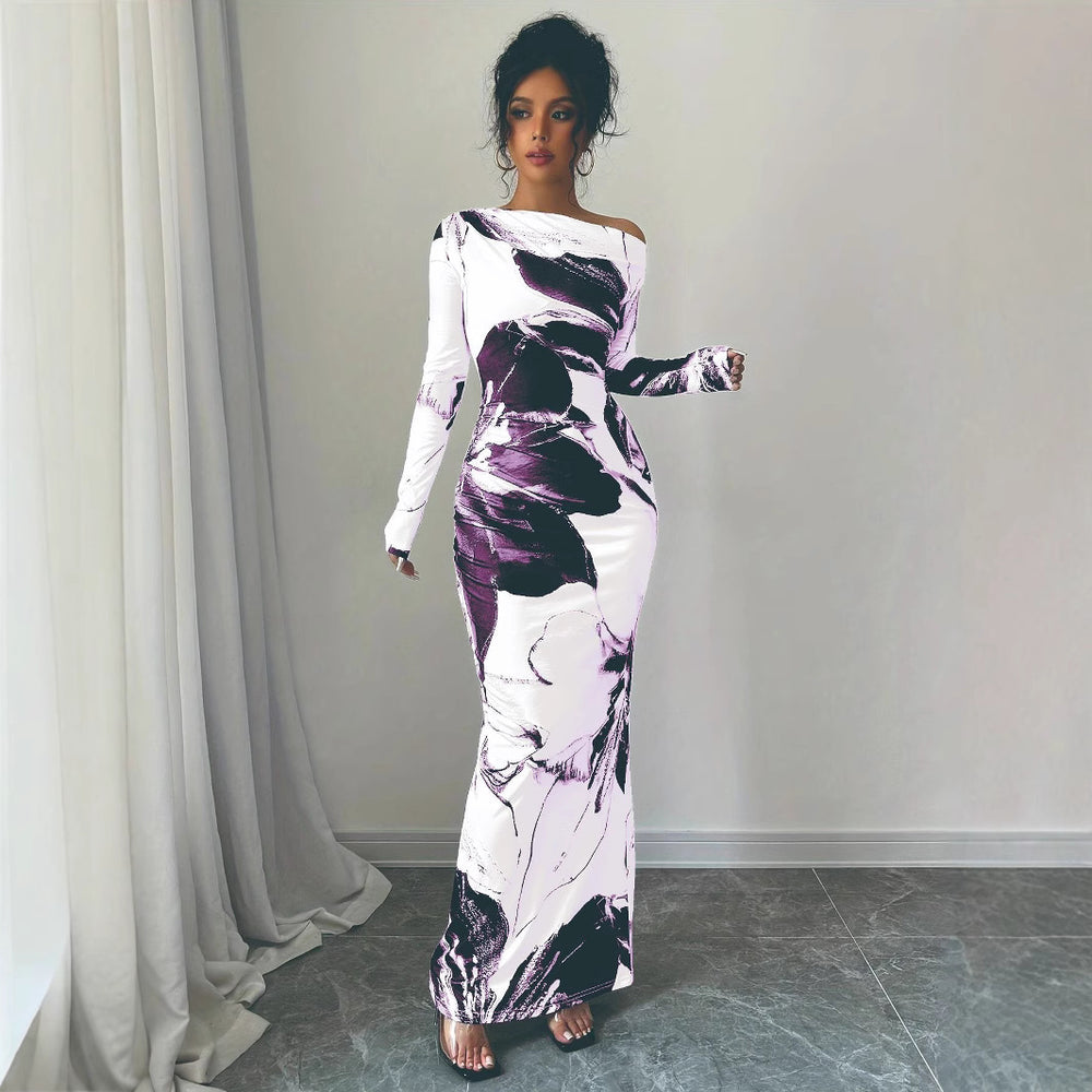 Damen Elegantes Maxikleid mit asymmetrischem Design und modernem Druck EB