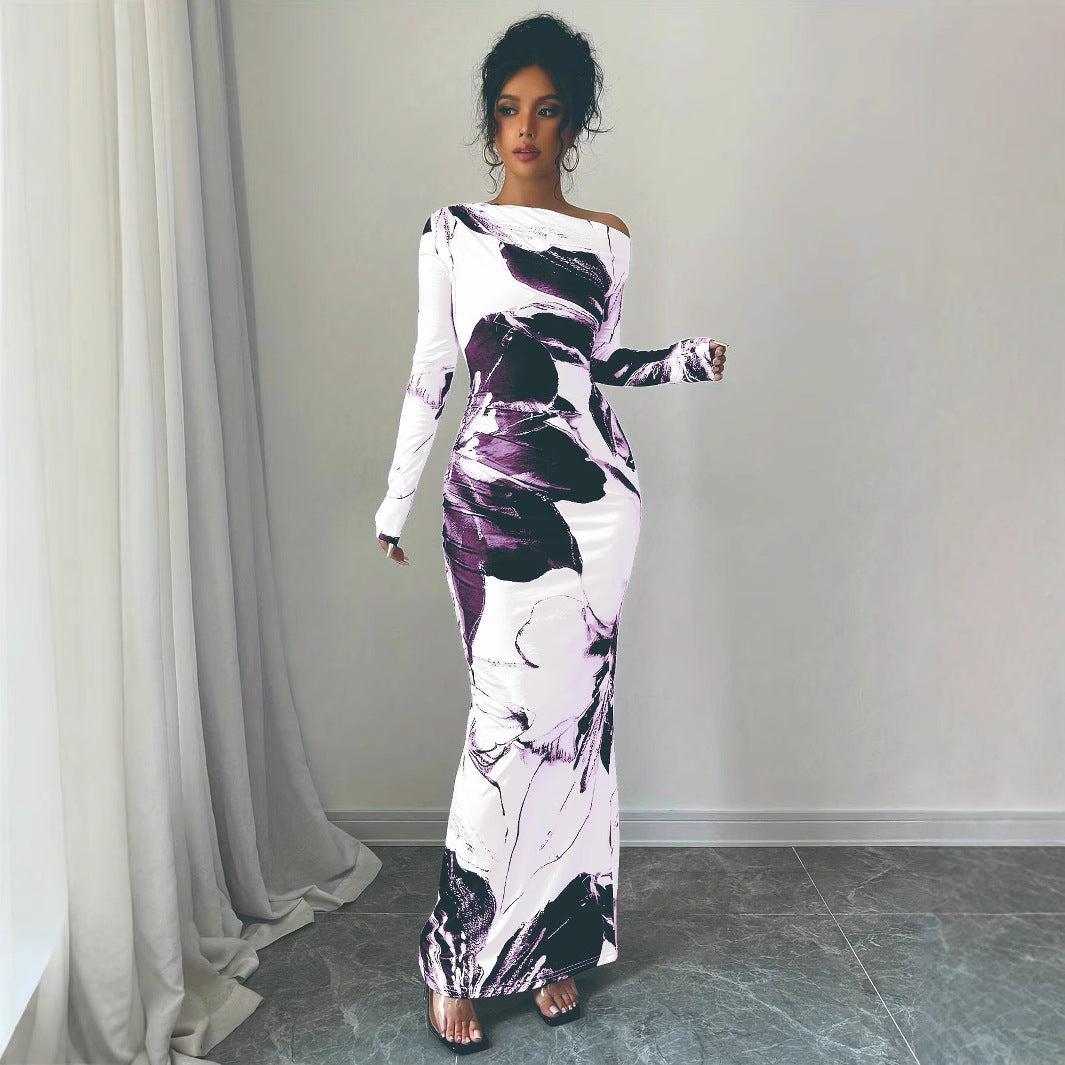 Damen Elegantes Maxikleid mit asymmetrischem Design und modernem Druck EB