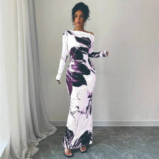 Damen Elegantes Maxikleid mit asymmetrischem Design und modernem Druck EB