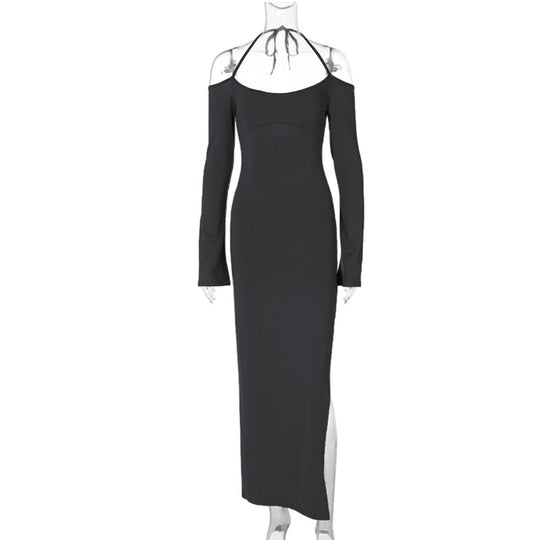 Damen langes Abendkleid mit Neckholder und schulterfreiem Bell-Ärmel, figurbetonter Taillenraffung und hohem seitlichem Beinschlitz Eichborn Berlin