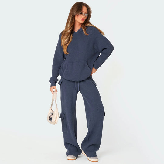 Damen nan gerippter Kapuzenpullover aus Feinstrick mit Kängurutasche und relaxed Fit EB