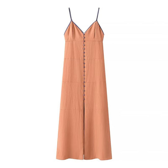 Damen Maxi-Kleid mit feinen Knopfdetails und zartem V-Ausschnitt EB