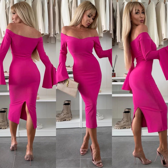 Damen Figurbetontes Wickelkleid mit schulterfreiem Design und weit geschnittenen Ärmeln EB