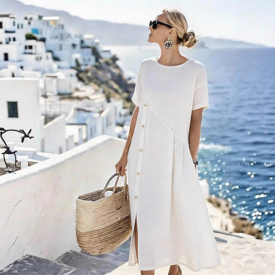 Damen Luftiges Sommerkleid mit seitlicher Knopfleiste, kurzen Ärmeln und Schlitz EB