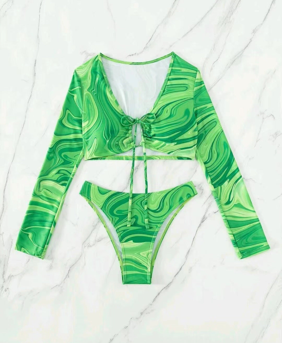 Damen Surf-Bikini-Set mit langärmligem Crop-Top und hochgeschnittenen Unterteilen EB