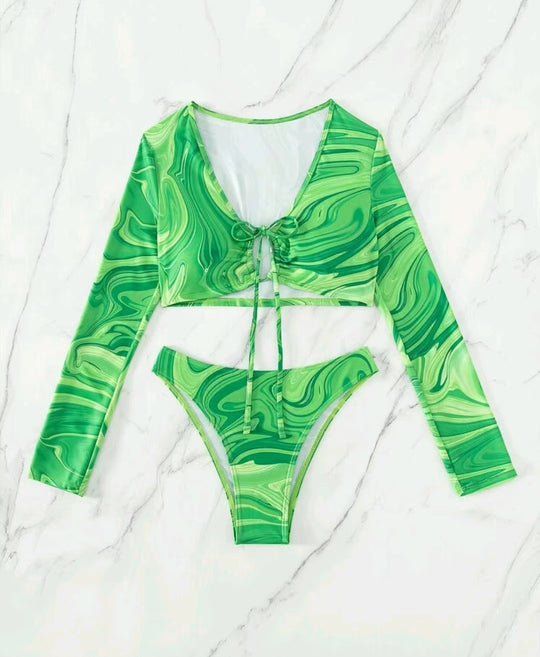 Damen Surf-Bikini-Set mit langärmligem Crop-Top und hochgeschnittenen Unterteilen EB