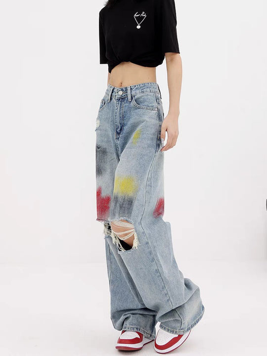 Damen Weite Destroyed Jeans mit bunter Akzentuierung und modischen Rissen EB
