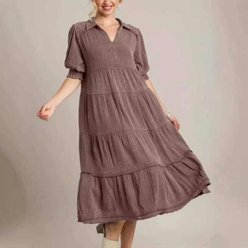 Damen lässiges Maxikleid mit V-Ausschnitt und volumetrischen Ärmeln EB
