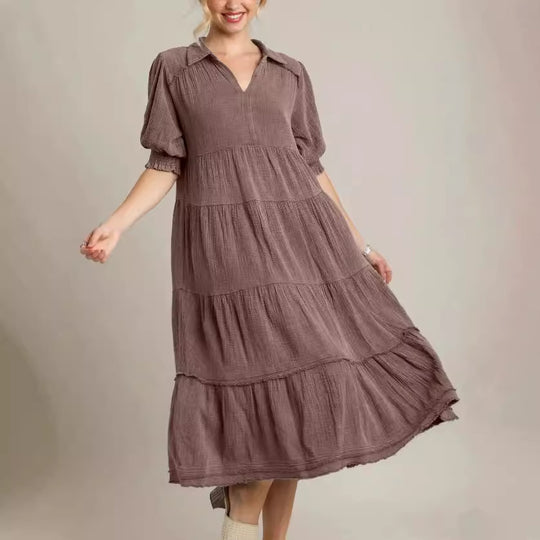 Damen lässiges Maxikleid mit V-Ausschnitt und volumetrischen Ärmeln EB