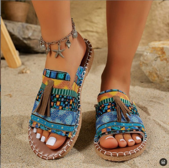 Damen bequeme Tangle-Sandalen mit buntem Stickdesign und Quasten EB