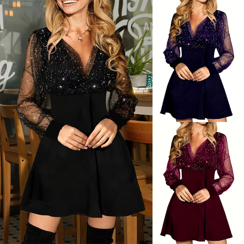 Damen Elegantes Kleid mit transparenten Ärmeln und funkelnden Details EB