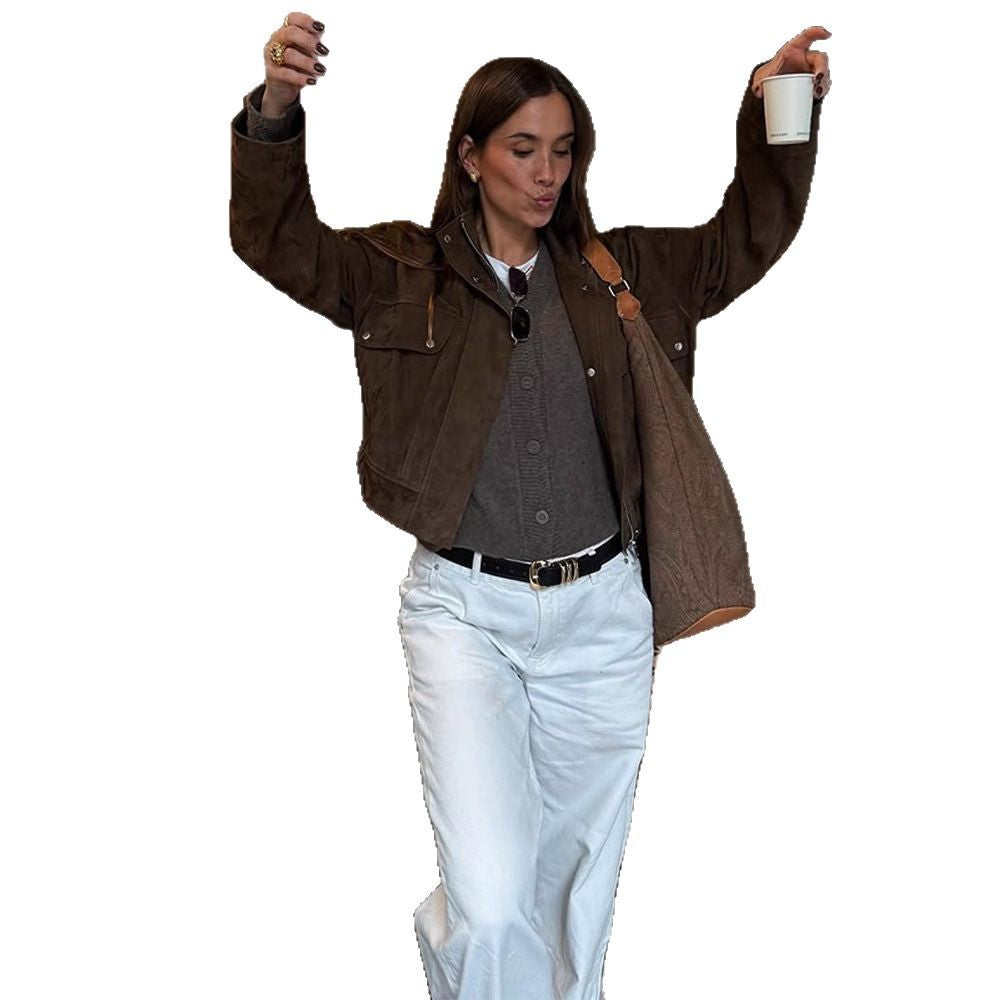 Damen lässige Suede-Jacke mit funktionalen Taschen und modernem Design EB