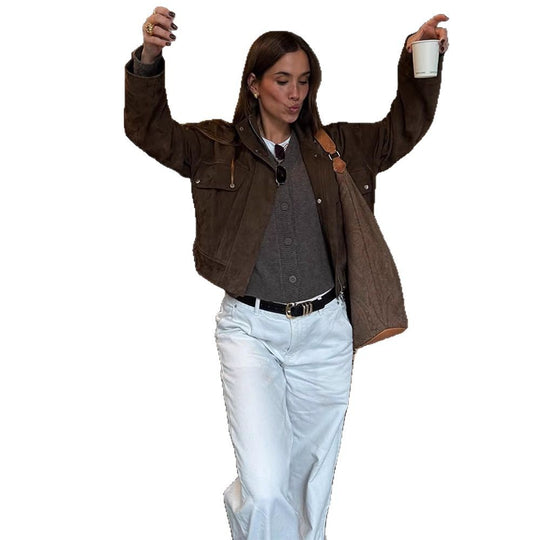 Damen lässige Suede-Jacke mit funktionalen Taschen und modernem Design EB