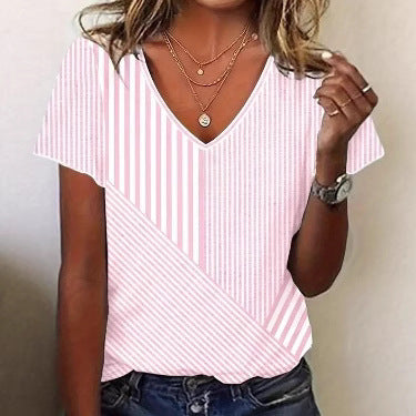 Damen V-Ausschnitt T-Shirt im modernen Streifen-Design Heidi-Mode