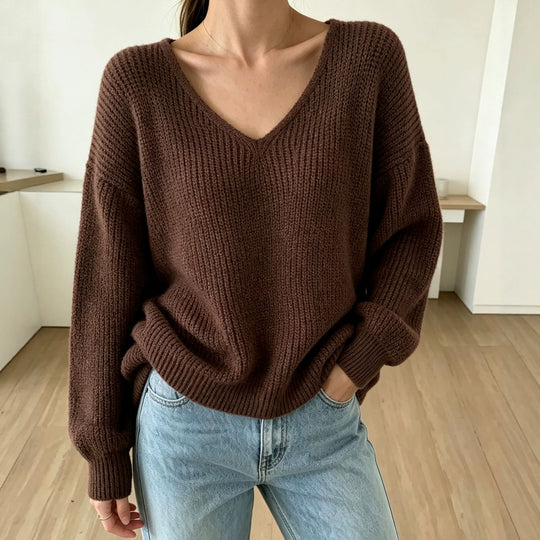 Damen Lässiger Boxy-Grobstrickpullover mit V-Ausschnitt und gerippten Bündchen EB