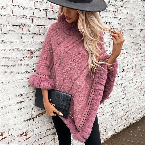 Damen kuscheliger Strickponcho mit samtigem Fellbesatz EB