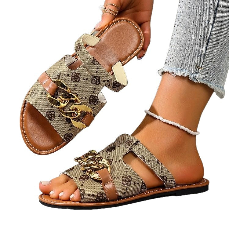 Damen Modische Slides mit dekorativem Ketten-Detail EB