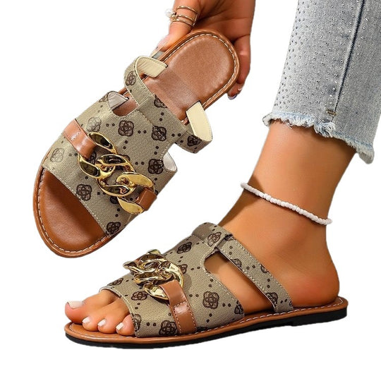 Damen Modische Slides mit dekorativem Ketten-Detail EB