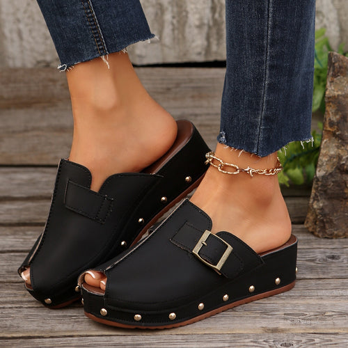Damen Wedge-Pantoletten mit modischem Schnallen-Design und dekorativen Nieten EB