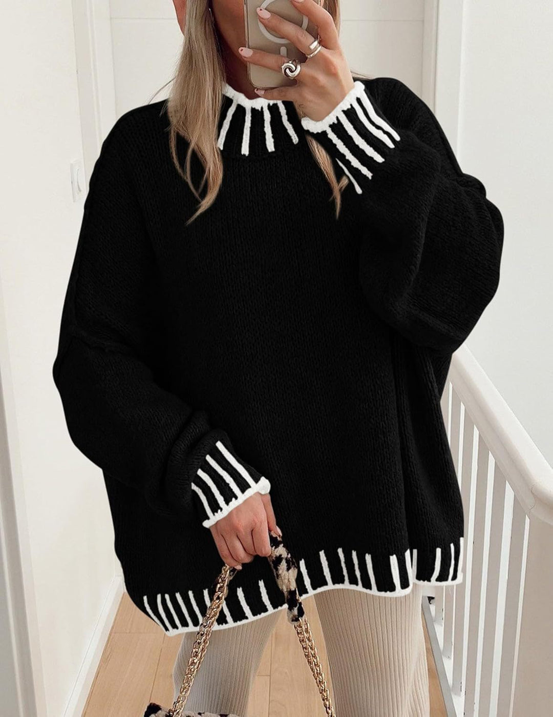 Damen lässiger Grobstrickpullover mit modernem Streifenmuster EB
