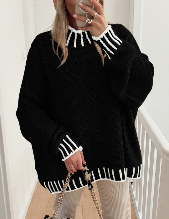 Damen lässiger Grobstrickpullover mit modernem Streifenmuster EB