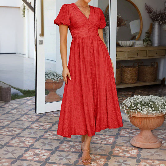 Damen Maxikleid mit V-Ausschnitt und luftigen Puffärmeln EB