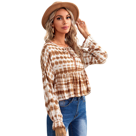 Damen luftiges Peplum-Blusenshirt mit Batikmuster, Kordel‑Neckline und gerafften Ärmeln Eichborn Berlin