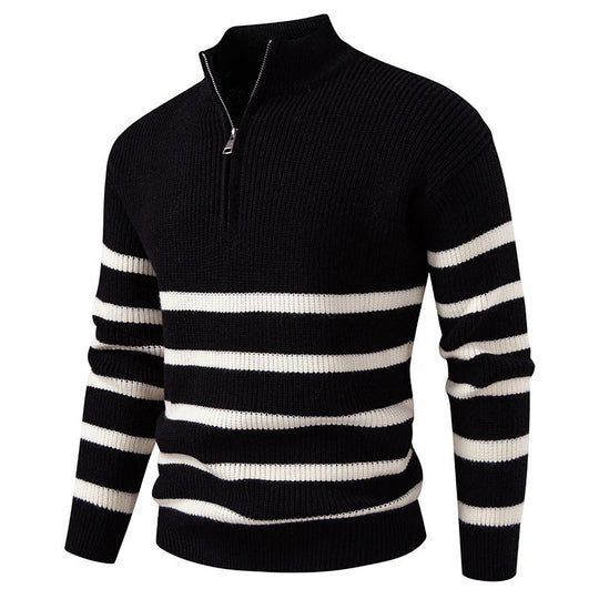 Herren Strickpullover mit halbem Reißverschluss und modernem Streifen-Design EB