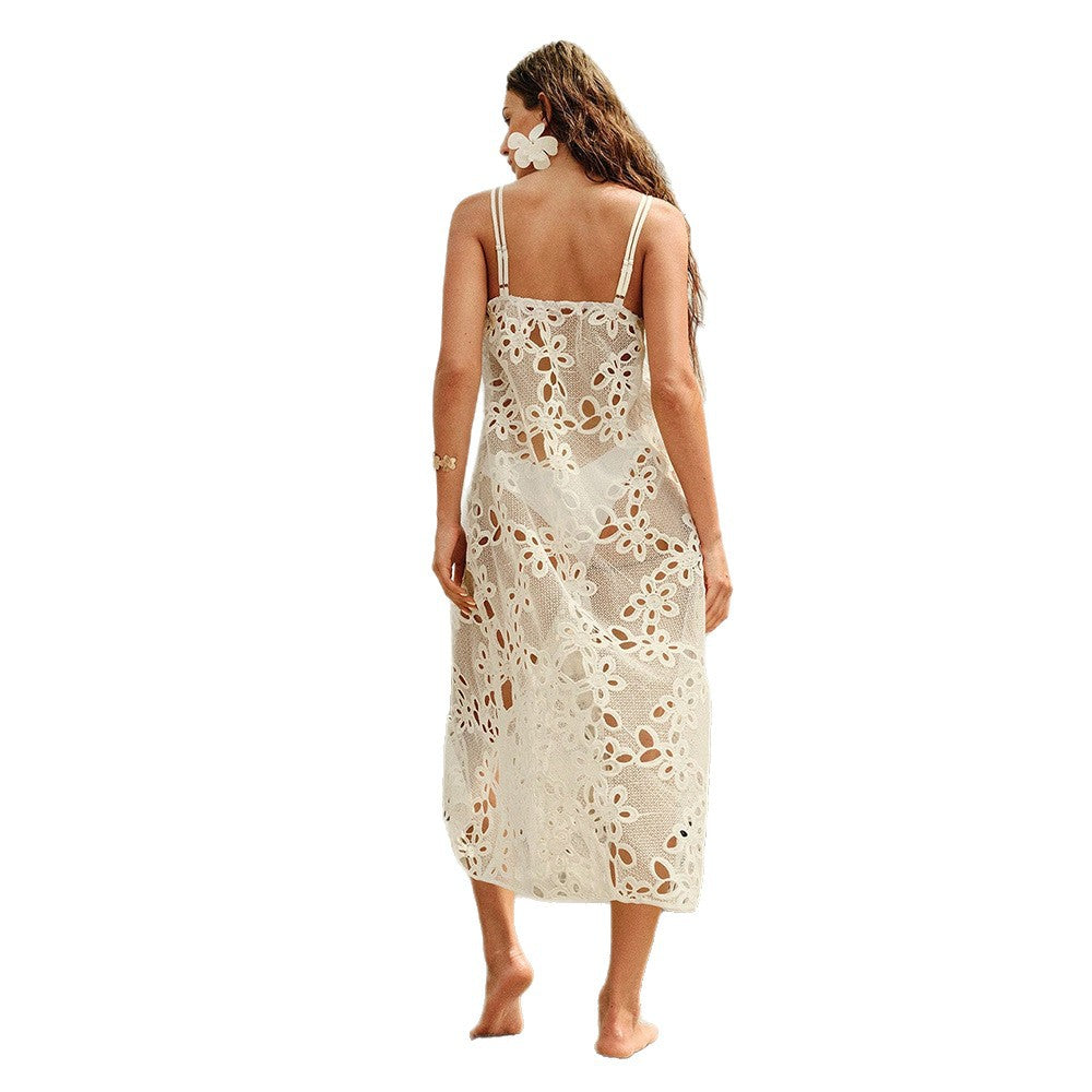 Damen elegantes transparentes Strandkleid mit floralen Häkelverzierungen EB