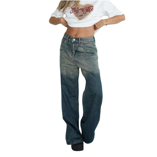 Damen lockere High-Waist Jeans mit angesagtem Farbverlauf und weitem Bein EB