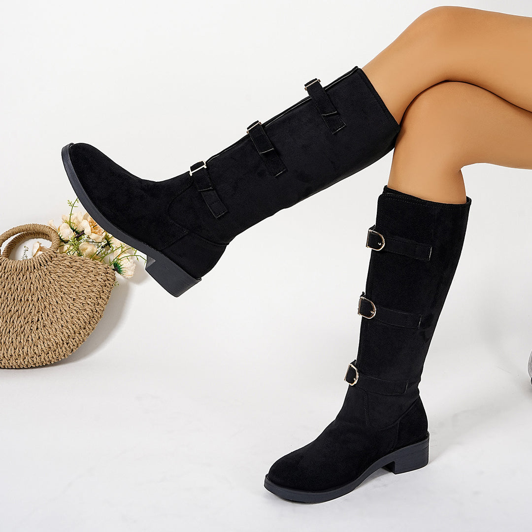 Damen Modische Stiefel mit dekorativen Schnallen und komfortablem Blockabsatz EB