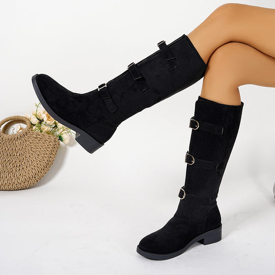 Damen Modische Stiefel mit dekorativen Schnallen und komfortablem Blockabsatz EB